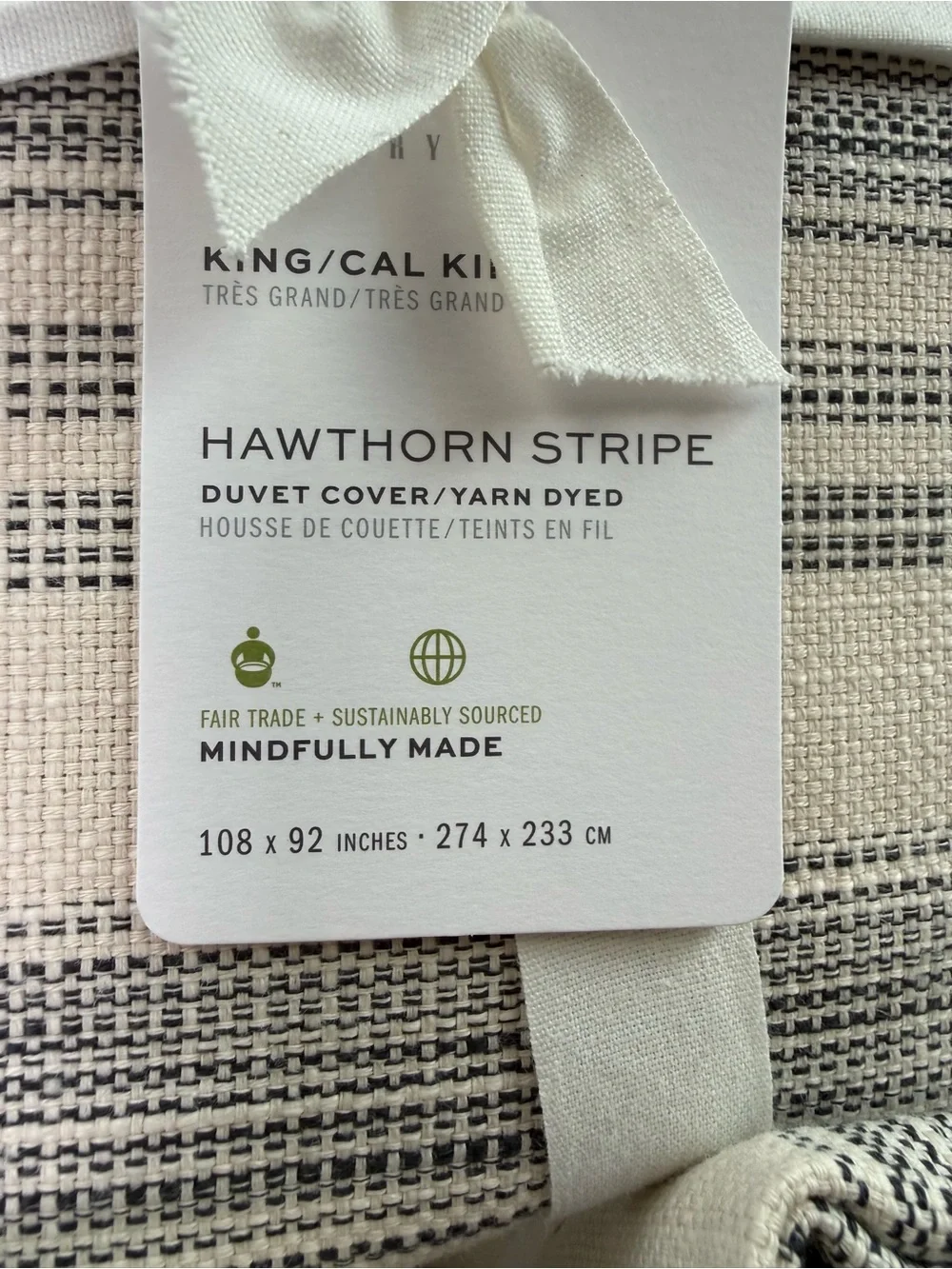 POTTERY BARN HAWTHORN STRIPE COTTON KING DUVET COVER  2 KING SHAMS CHARCOAL NEW